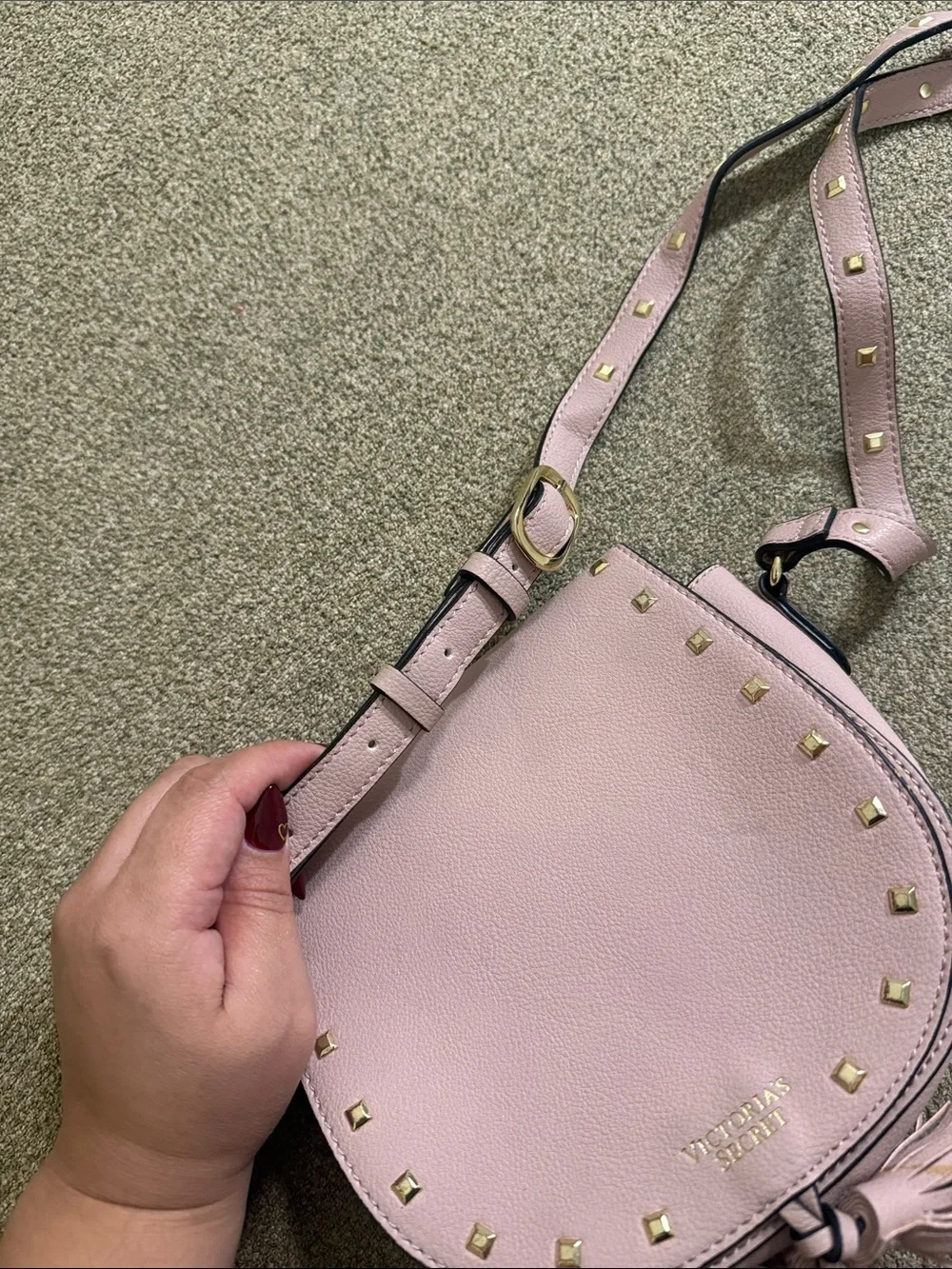 Victorias Secret Crossbody Bag Festival Pink Studded Tassels Adjustable Strap